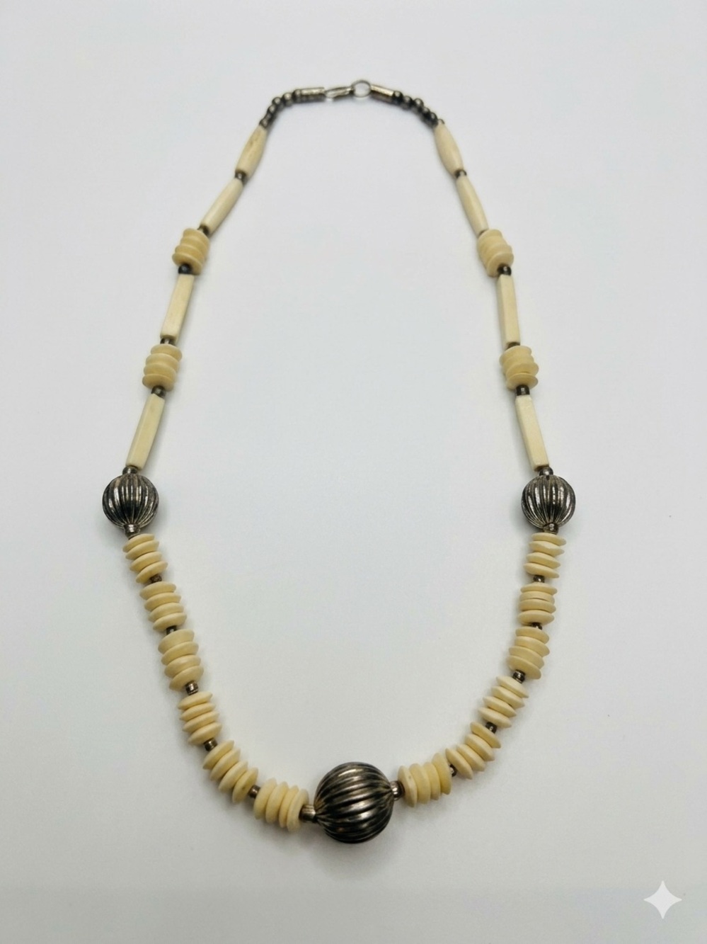 Vintage Southwestern Beaded Bone and Silver-Tone Melon Bead Statement Necklace
